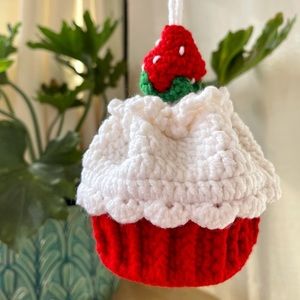 Handmade crochet strawberry cupcake drawstring
